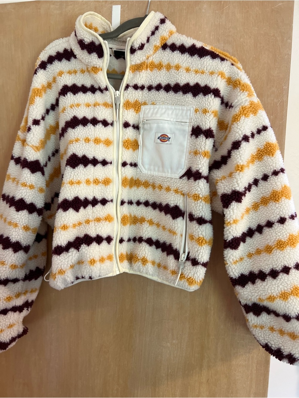 Dickies Cream Sherpa Jacket with Gold & Burgundy Stripes